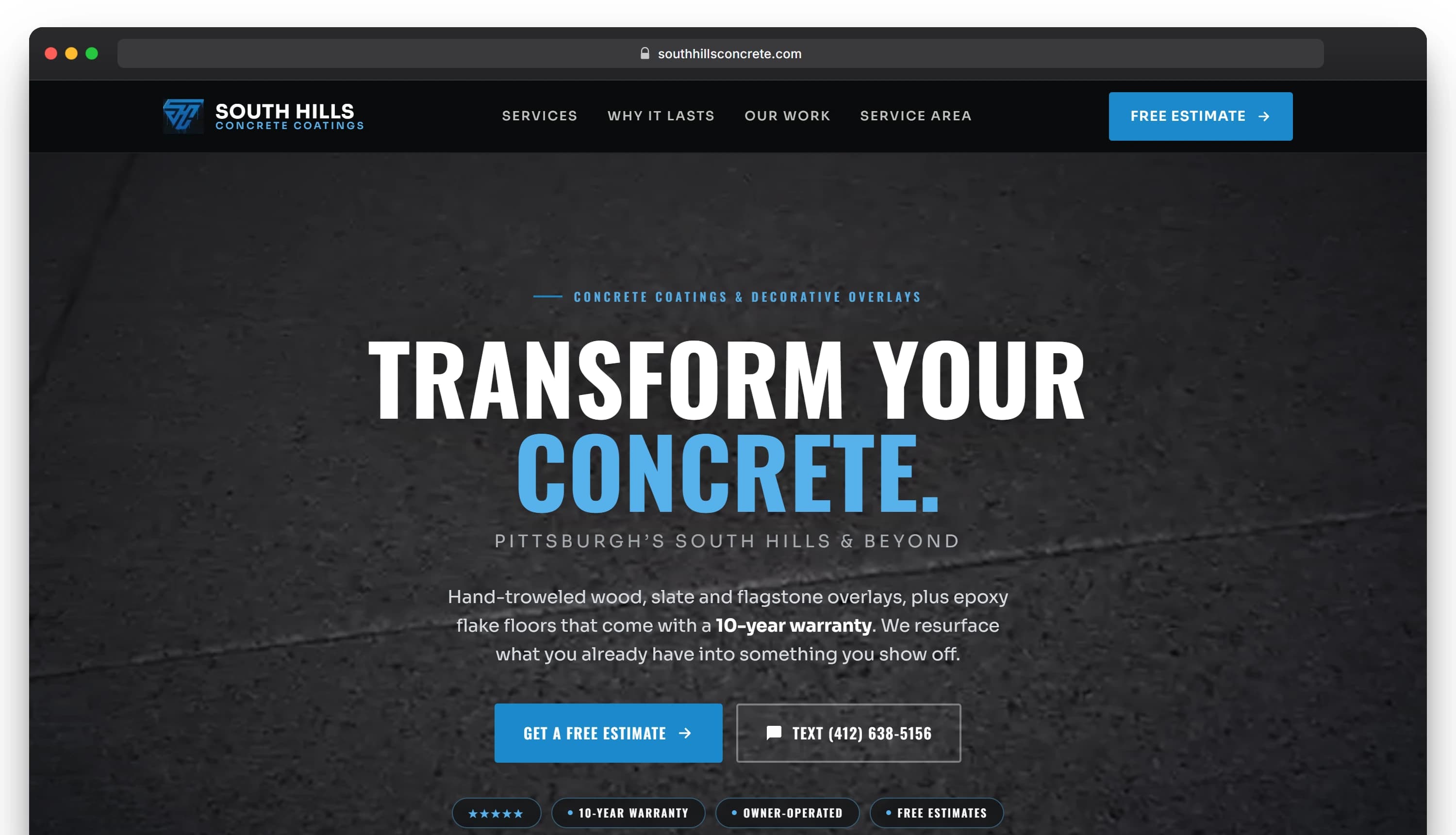 South Hills Concrete Coatings website built by All Trades Websites