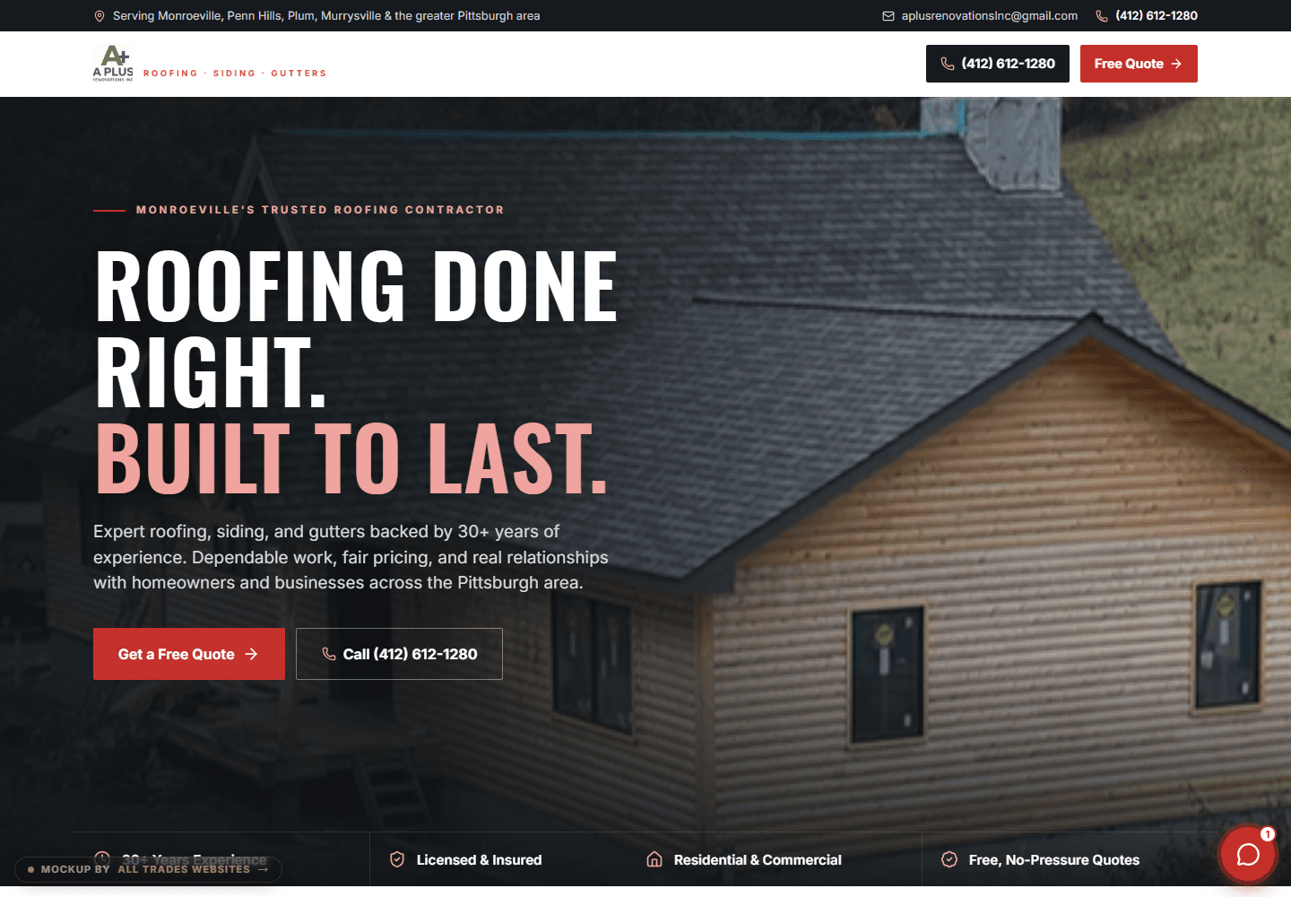 A Plus Renovations roofing website concept by All Trades Websites