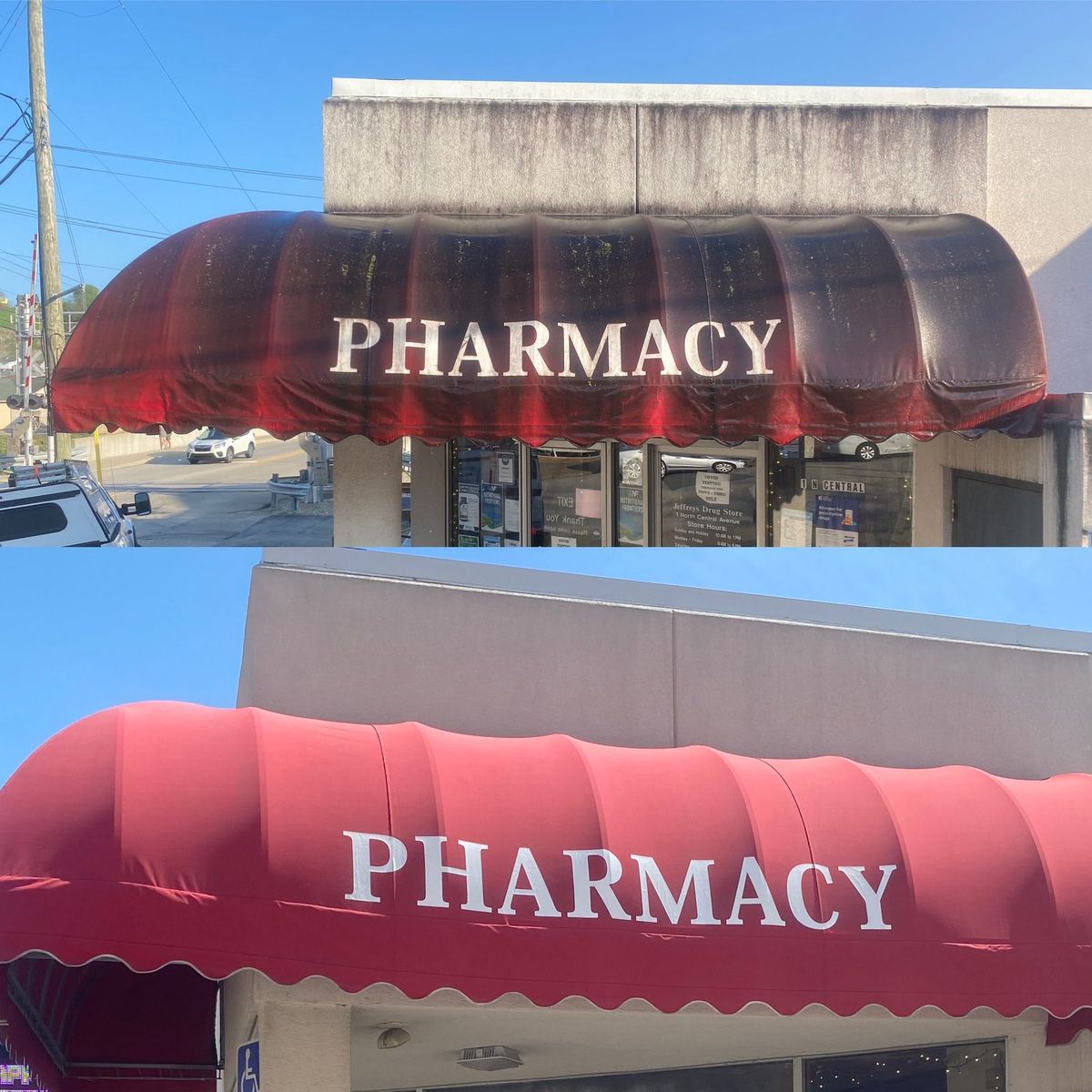 Pharmacy awning before and after soft washing