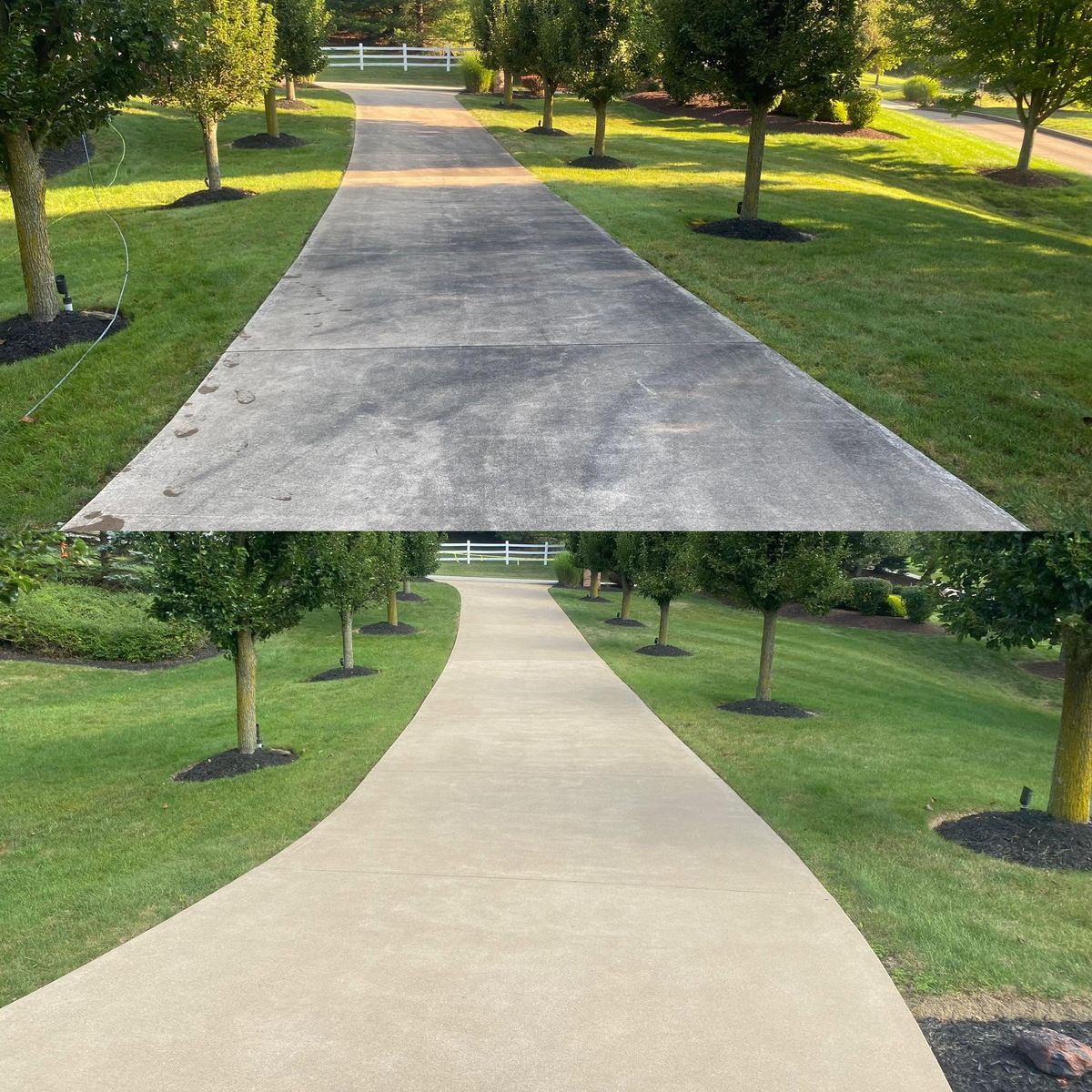 Driveway before and after pressure washing