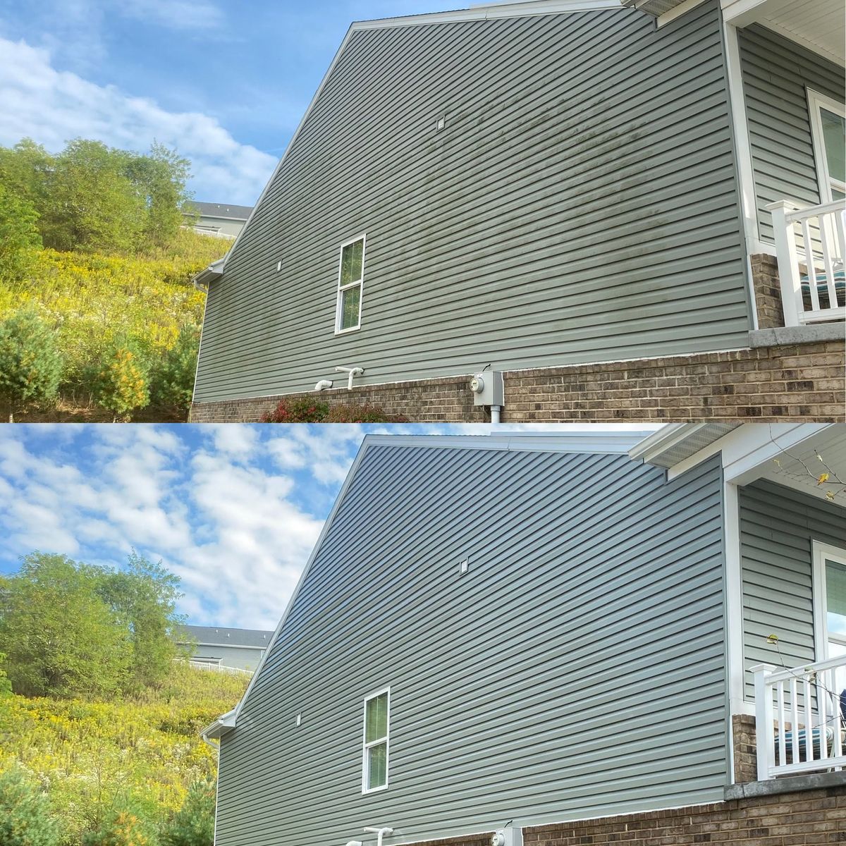 Vinyl siding before and after soft washing