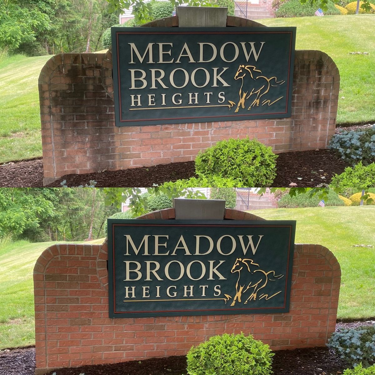 Community entrance sign before and after cleaning